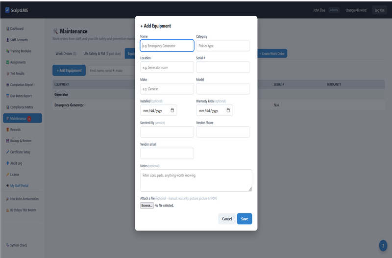 ScriptLMS Maintenance Add Equipment window with boxes for name, category, location, serial number, make, model, install and warranty dates, vendor details, notes and an attached file